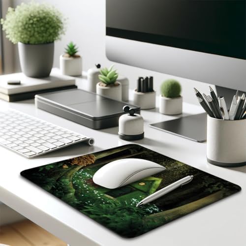 Fantasy Fairy Tale Mouse Pad, Surreal Forest House in Moss Design Desk Mat