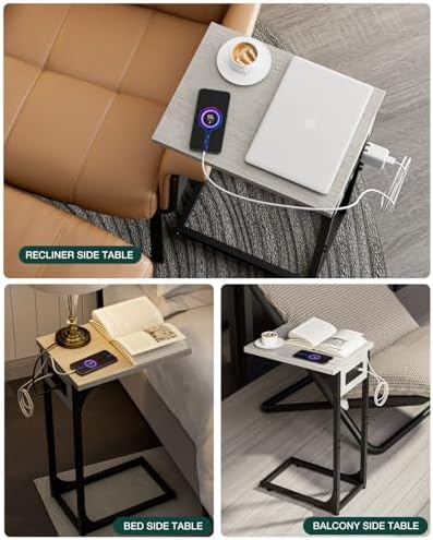 C-Shaped Side Table for Couch - Small Coffee Stand Sofa Tray Desk with Metal Frame Waterproof Scratch Resistant Wood Top and Built-in Charging Station, Greige