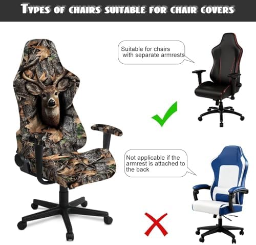 Camo Game Chair Cover Deer Hunting Non Slip Gaming Chair Covers Slipcovers 4Pcs with Armrest Cover Dustproof Washable Gamer Protector