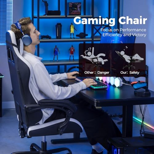 GTPLAYER Gaming Chair, Video Game Chairs Racing Style PC Game Chairs 350lbs for Adults - Padded High Back Ergonomic Reclining Silla Gamer, Linkage Armrest,White