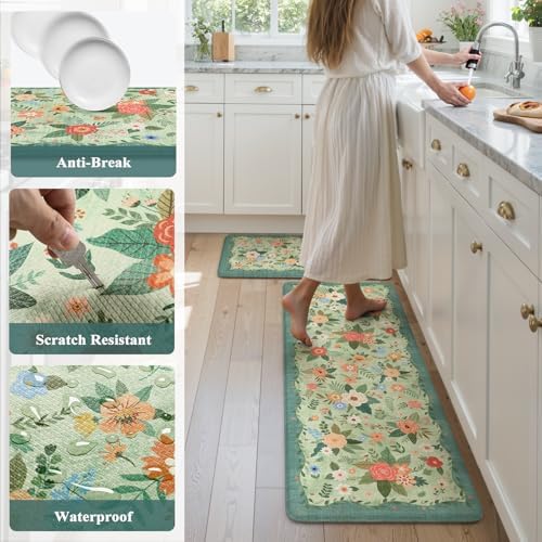 KIMODE Kitchen Mats for Floor Cushioned Anti Fatigue, Green Boho Flower Rug