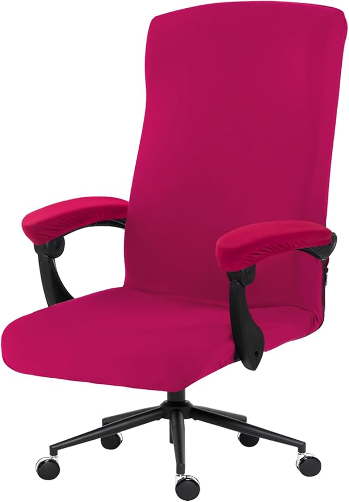 Stretch Computer Office Chair Cover with Armrest Covers Durable Zipper Universal Washable Removable Spandex Rotating Boss Chair Slipcovers Anti-dust Soft Desk Chair Seat Protector, Hot Pink