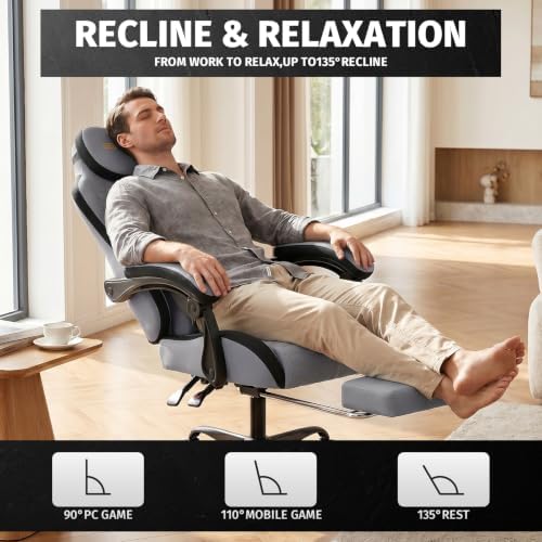 Honeycomb Embossed Gaming Chair with Footrest & Massage Lumbar Support, Adjustable Ergonomic Office Chair for Adults, 300 lbs (Grey Black)