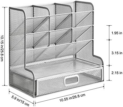 Marbrasse Larger Mesh Desk Organizer with Drawer, Multi-Functional Pen Pencil Holder, Desk Organizers and Accessories for Office Art Supplies (Silver Mesh Pen Holder with Drawer)
