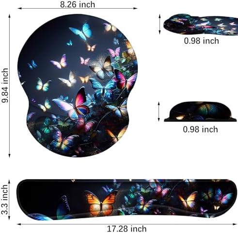 ARTSO Ergonomic Mouse Pad with Wrist Rest, Comfortable Keyboard Wrist Rest, Memory Foam Mousepad for Computer Keyboard, Mouse Pad Set for Easy Typing, Pain Relief, Night Butterfly