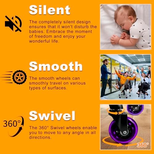 Office Chair Wheels for Casters Replacement - 3" Rubber Wheels for Computer Gaming Desk Caster Smooth & Safe Rolling for All Floors Including Hardwood and Carpet - Set of 5 - Purple