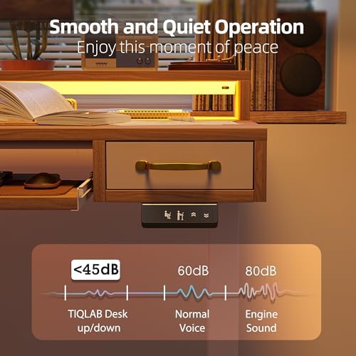 TIQLAB Standing Desk with Two Drawers, Stand Up Standing Desk Adjustable Height, Electric Sit Stand Table with Storage Shelf and Splice Board, with LED Light, 47 * 28 inch, Light Walnut