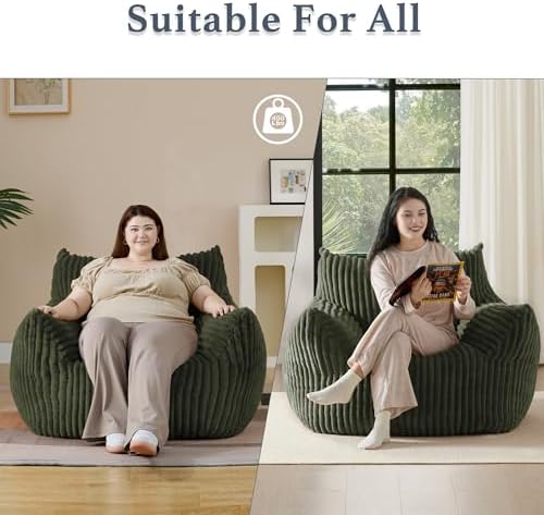 Gericco Giant Plush Bean Bag Chair for Adults with Armrests - Oversized Comfy Green Beanbag Lounge Lazy Floor Sofa Accent Chair for Living Room, Bedroom & Dorm, Cozy Fluffy Single Cloud Mini Couch