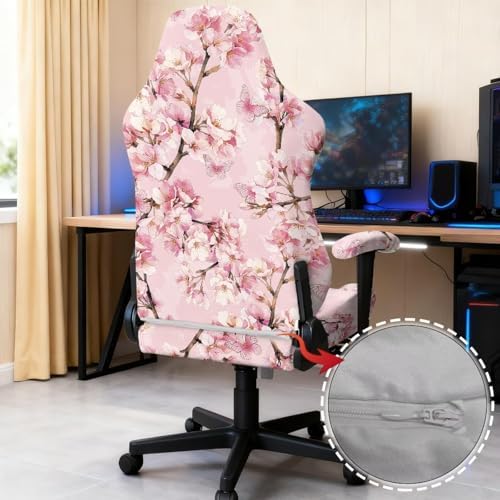 Pink Floral Gaming Chair Cover with Armrest Covers Cat Proof Stretchable Soft Gaming Chair Covers with Armrest Cover 4Pcs Slipcovers Non Slip Breathable Computer Chairs