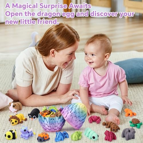 50 pcs Mystery Mini 3D Printed Animal Figurines Set with Dragon Egg: Articulated, Flexible, and Exquisitely Cute Fidget Toys for Play and Display for Valentine's Day, Easter, Bithday.