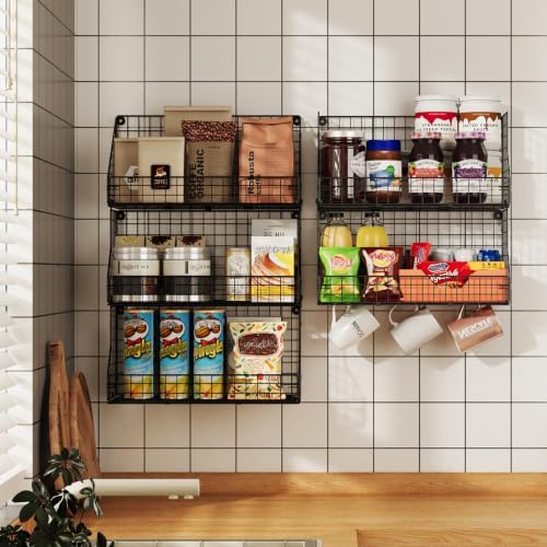 X-cosrack 3-Tier Stackable Detachable Snack Organizer (Large Size), Countertop Display/Wall Mounted Shelf with 5 Hooks Wire Basket Snack Shelf for Office Cabinets, Kitchen, Pantry, 11.8x7.8x22 Inch