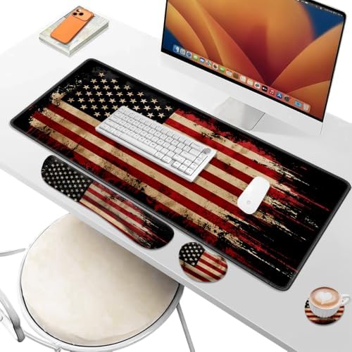 Desk Pad and Keyboard Wrist Rest, Large Mouse Pad + Keyboard Pad+Mouse Wrist Support, Non-Slip Desk Mat Protector for Office, Home 31.5×11.8 Inches National Flag
