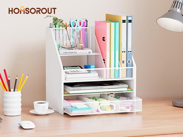 Homsorout Wooden Desk Organizer - Mesh File Organizer with Drawers and Pen Holder - 4-Tier Vertical Paper Letter Storage Tray, Desktop Organizers and Accessories for Home Office (White