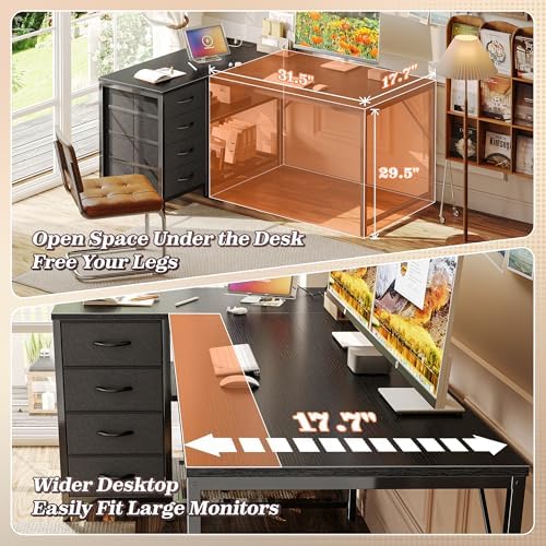 PRAISUN 43.3" Small L Shaped Desk with Power Outlets & 4 Drawers
