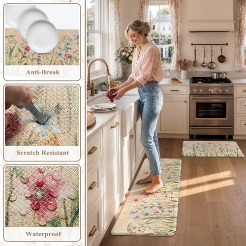 KIMODE Anti Fatigue Kitchen Mats, Farmhouse Floral Kitchen Rugs Sets of 2