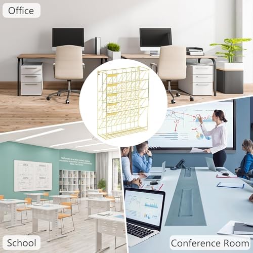 TQVAI Wall File Organizer, 5 Tier Hanging File Organizer with Bottom Tray, No Assembly Required Metal Wall Mount File Holder for Office Home Classroom, Gold