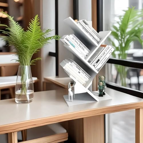 Small Bookshelf for Desk Decor, 5-Tier White Wood desktop bookshelf