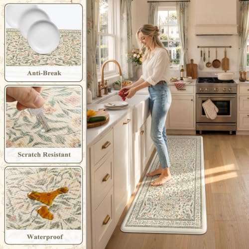 KIMODE Kitchen Mats Cushioned Anti Fatigue, Farmhouse Flower Kitchen Runner Rug, Modern Kitchen Mats for Floor, Padded Kitchen Floor Mats, Beige Home Decor for Sink Laundry Office Bedroom 24"x71"