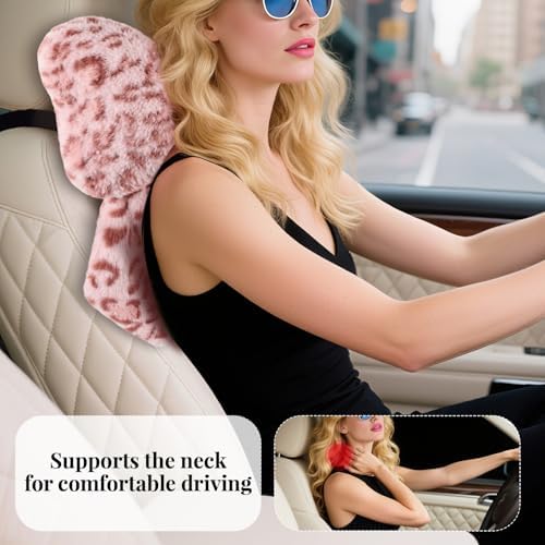 2 Pack Bow Car Headrest Pillow Comfortable Soft Plush Head Rest Cushion, Neck Pillow for Driving Office Use and Car Interior Decoration (Pink Leopard)