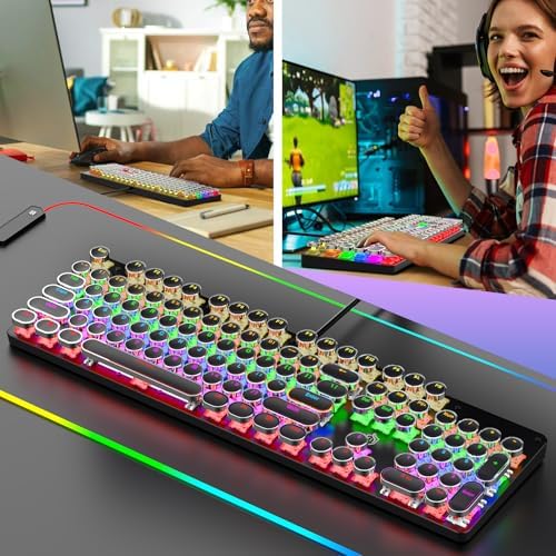 Typewriter Mechanical Gaming Keyboard with RGB Backlit Red Switches, 104 Keys Retro Round Keycap, Wired Typewriter Style Comfortable Typing Soud (L-Black)