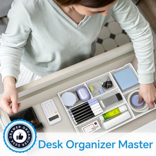 Desk Drawer Organizer, Office Drawer Divider Organizer Tray with 6 Compartments, Metal Mesh Desktop Organization and Accessories for Stationery Makeup Kitchen Toolroom School & Office (Large-White)