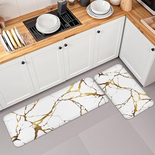 Tyrot Gold White Kitchen Mats for Floor 2 Pcs 17.3"X28"+17.3"X47"