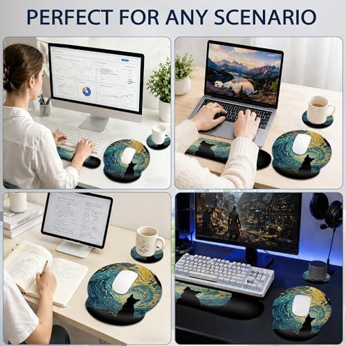 Starry Night Wrist Rest Support for Mouse Pad Keyboard Set, Cat Mouse Pad with Non Slip Rubber Base for Home and Office Typing Support