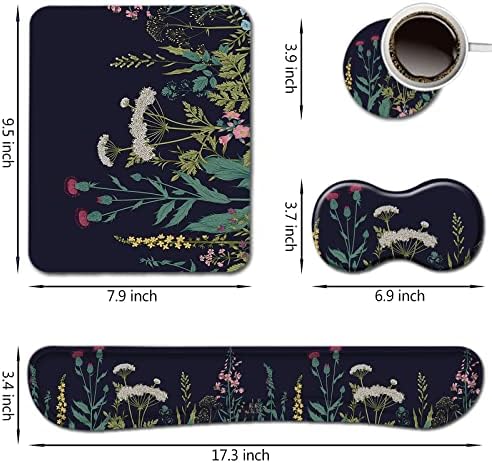 AIMSA Keyboard Wrist Rest Support + Mouse Pad + Mouse Wrist Rest + Coaster, Ergonomic Memory Foam Anti-Slip Rubber Base 4 PCS Set Easy Typing Pain Relief, Flowers Plants
