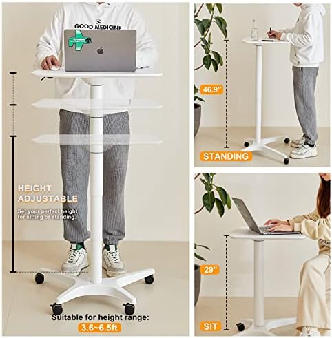 47" Mobile Standing Desk(26" W*19.3" D), Adjustable Height Laptop Desk, Pneumatic Desk with Gas Spring Riser, Podium for Home, Office,Classroom,Medical, (29" to 46.9" H) (White)