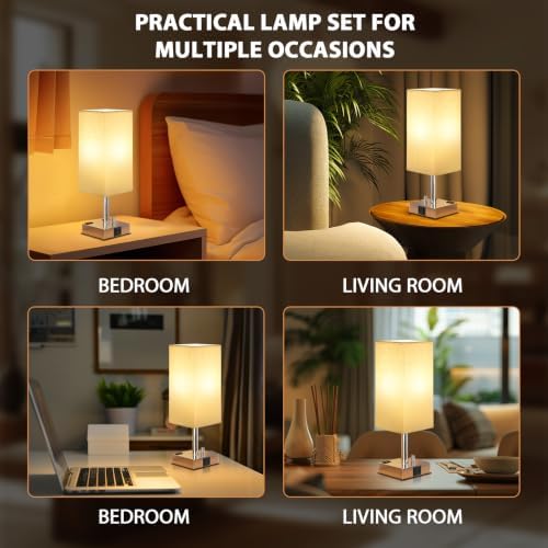 Silver Bedside Table Lamps Set of 2 - Dimmable, USB C+A, 2 AC Outlets
