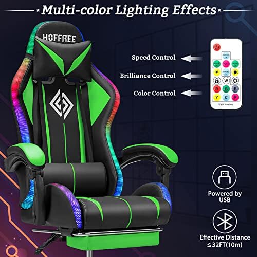 RGB Gaming Chair with Bluetooth Speakers LED Lights Computer Chair-Green