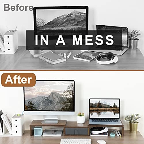 TEAMIX 3 Shelf Monitor Stand Riser With Drawer - Length and Angle Adjustable Dual Riser With Storage Corner Desk Shelf Organizer Large Computer Stand for 2 Monitors/Laptop (Brown, 1 Drawer)