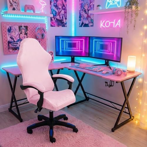 Gaming Chair Cover Set with Armrest Covers, Velvet Stretch Slipcover 1-Piece Form Fit Cover & Chair Armres Covers Included(no Chair) (Pink)