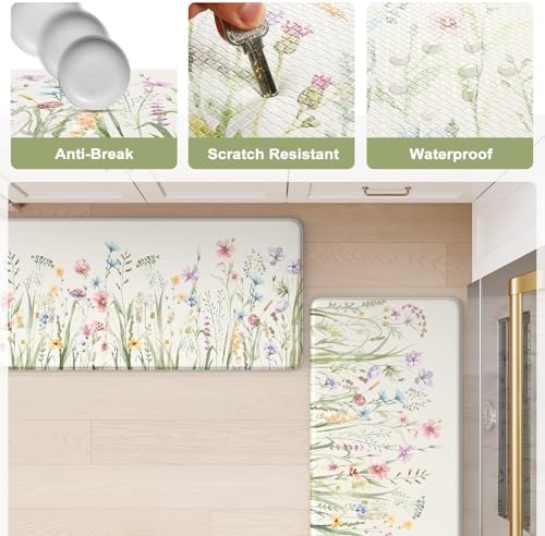 KIMODE Anti Fatigue Kitchen Mats for Floor, Floral Kitchen Rugs Set of 2