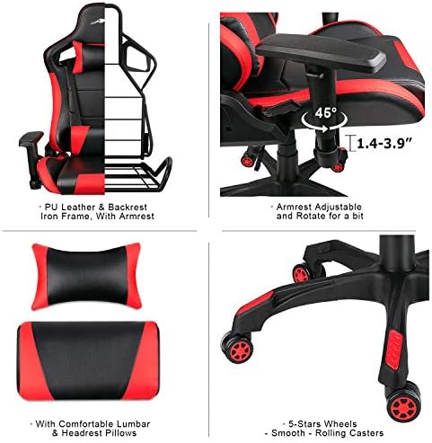 Leopard Gaming Chair, High Back PU Leather Office Chair, Adjustable Video Gaming Chairs, Swivel Racing Chair with Adjustable Armrest (Black/Red)