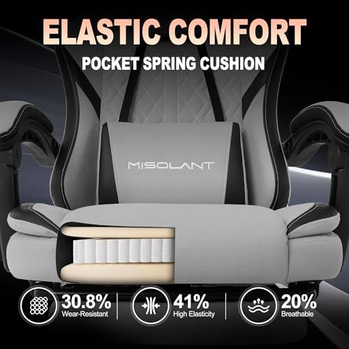 Misolant Gaming Chair, Fabric Gamer Chair with footrest for Adults, High Back Ergonomic Computer Game Chair with Adjustable Headrest and Massage Lumbar Support, 90-155° Recline Free, Gray
