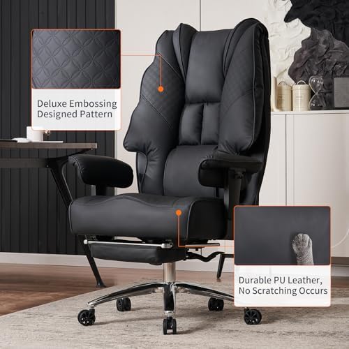 EXCEBET Big and Tall Office Chair 400lbs Wide Seat, Leather High Back Executive Office Chair with Foot Rest, Ergonomic Chairs Lumbar Support for Lower Back Pain Relief (Black)