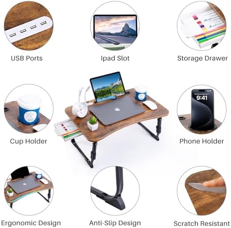 BYMECOST Laptop Desk for Bed, Height Adjustable Laptop Bed Table, Foldable Portable Lap Desk Stand with USB/Storage Drawer/Cup Holder/Slot, Breakfast Tray for Working Reading Writing Eating