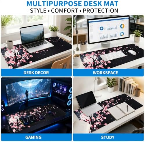 Extended Cherry Blossom Desk Mat, XL Large Gaming Mouse Pad, Japanese Sakura Moon Stitched Edges Waterproof with Non-Slip Rubber Base for Computer Keyboard Laptop Work Home Office 31.5"x11.8"