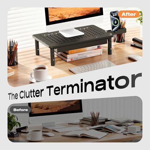 Computer Monitor Stand Riser with Storage, 3 Height Adjustable Laptop Desktop Monitor Stand with Drawer, Metal Short Printer Table, Stand Riser for Desk, Office Desk Organizers and Accessories, 1 Pack
