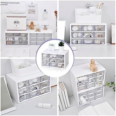 Stackable Desk Organizer with 9 Drawers, Clear Storage Box, White