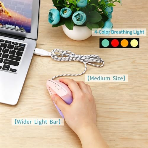 HXMJ Ergonomic Vertical Mouse Wired,USB Corded Optical Mice,7200DPI,Backilt,Right Handed Carpal Tunnel Mouse for Laptop,PC,Computer,Mac-Pink Purple