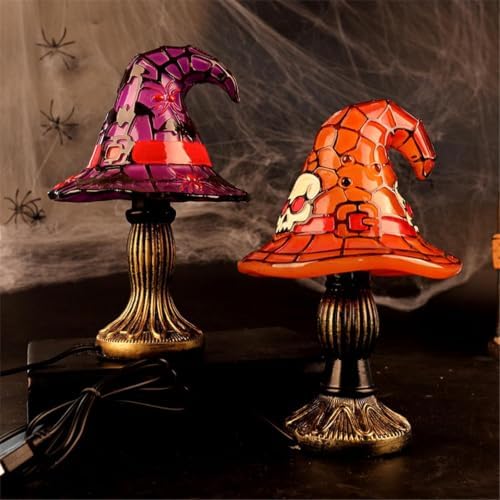 Stained Glass Witch Hat Lamp, Handcrafted Resin Halloween Witch Lamp (Purple2)