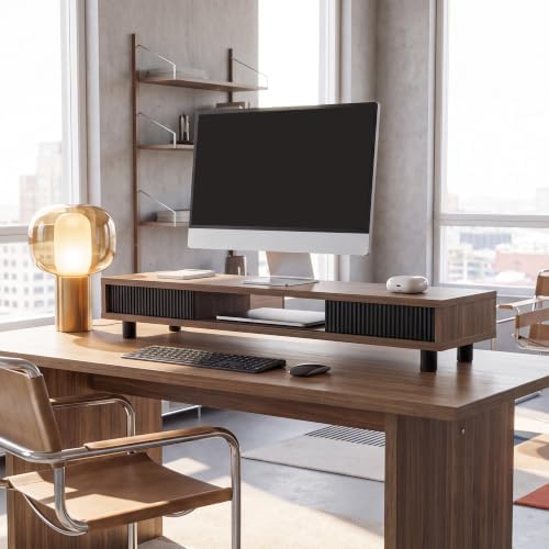 Fenge Dual Monitor Stand with Storage, Desk Shelf with Glass Sliding Door