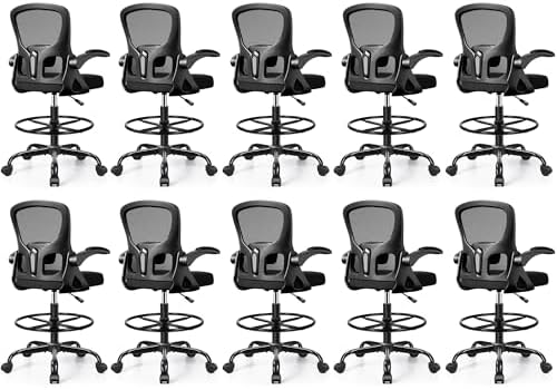 10-Pack Drafting Chair Tall Office Chair for Standing Desk - Ergonomic Computer Work Stool with Flip-up Arms, Foot Ring & Adjustable Lumbar Support. Ideal for Studio, Artist,Study (Black)