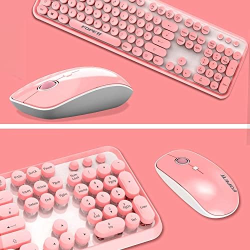 FOPETT Wireless Keyboard and Mouse Combo, 104 Keys Full-Sized 2.4 GHz Round Keycap Colorful Keyboards, USB Receiver Plug and Play, for Windows, Mac, PC, Laptop, Desktop (Pink)