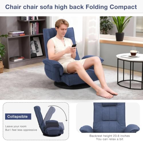 Ergonomic Swivel Floor Gaming Chair with Armrests & Side Pockets, 6-Position Reclining Sofa Bed, Foldable Padded Lounger with Thick Cushion & Lumbar Support for Esports, Reading, TV Watching, Blue
