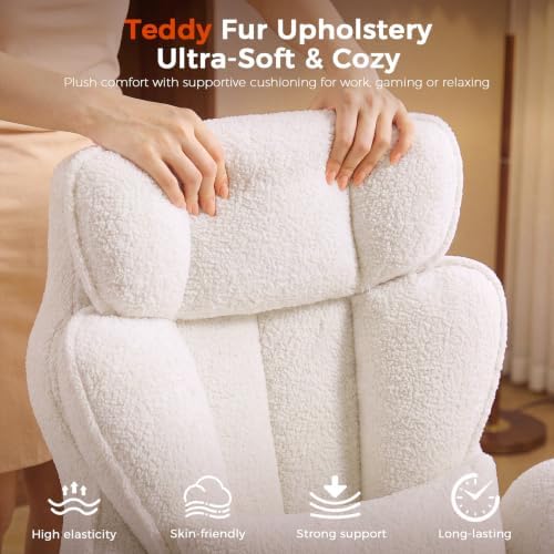 GTPLAYER Big and Tall Office Chair Flip Armrests Criss Cross Desk Chair with Pocket Spring Cushion & Ergonomic Lumbar Support for Lower Back Pain Relief Wide Seat Comfy Teddy Fleece,White