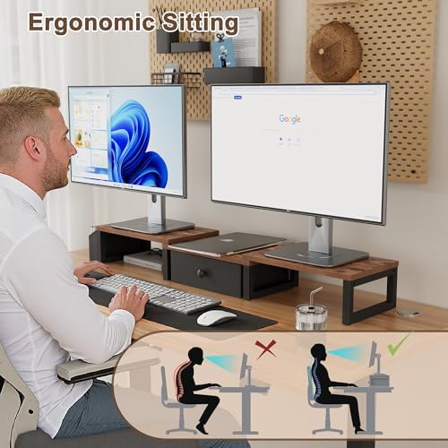 LAND·VOI Heavy Duty Dual Monitor Stand, Holds 2 Screens Up to 27 Inches, Adjustable Length and Angle Monitor Riser, Desk Organizer with Side Pockets and Drawers, Home Office Desk Storage, Rustic Brown