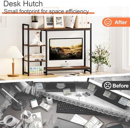 Snughome Adjustable Desk Shelf with Monitor Stand, 38.6" Desktop Organizer Hutch, Height Adjustable Computer Monitor Riser & 4 Tier Storage Bookshelf for Home Office Dorm